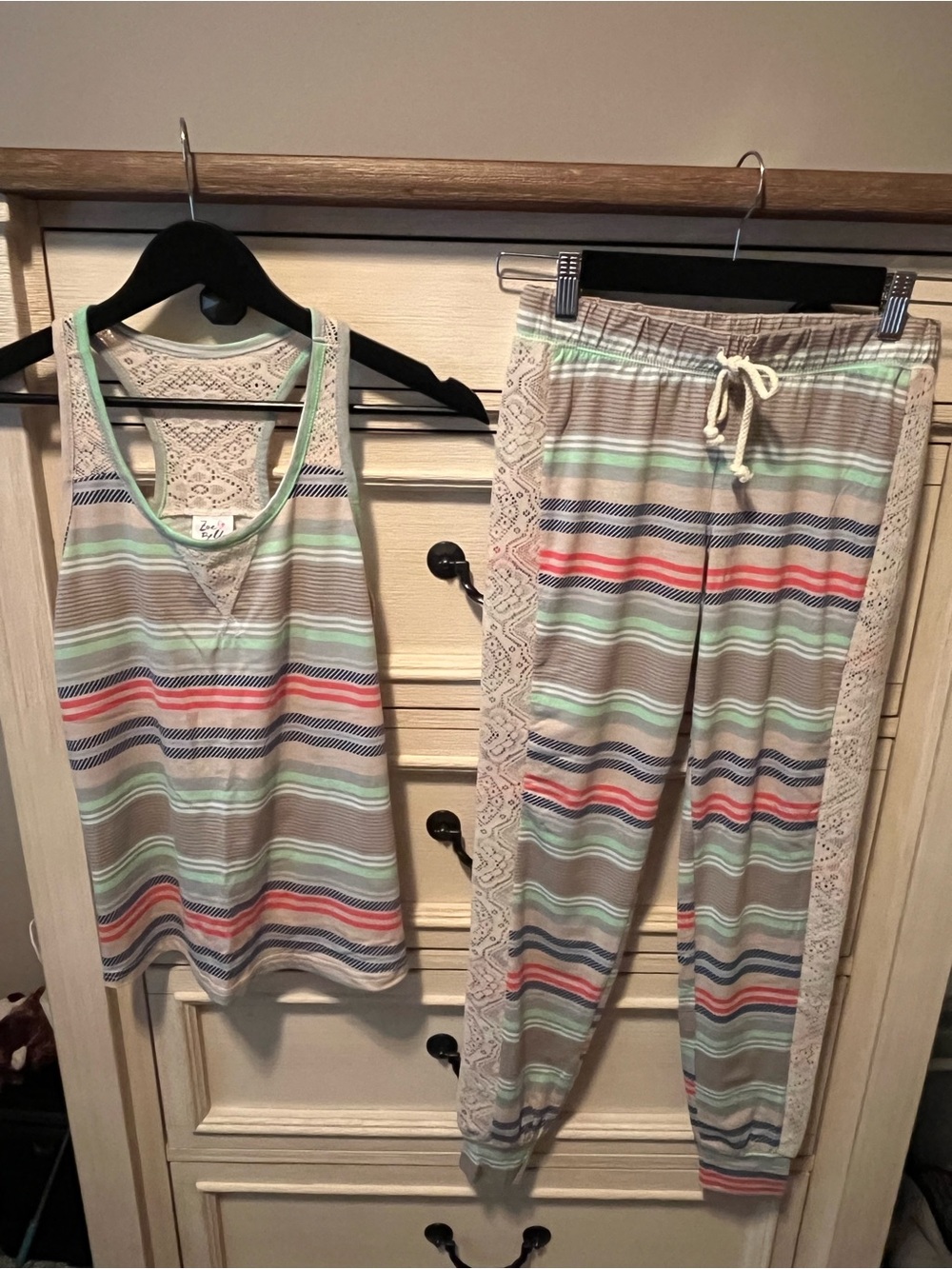 Striped Lace-Trim Pajama Tank and Jogger Set in Gray, Mint, Coral and Navy